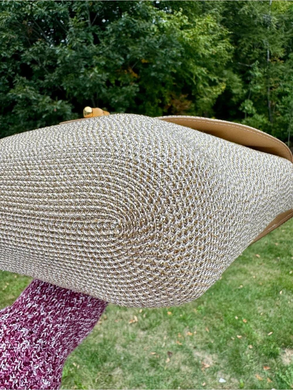 Eric Javits Woven Shoulder Bag with Gold Turn-Lock in Taupe